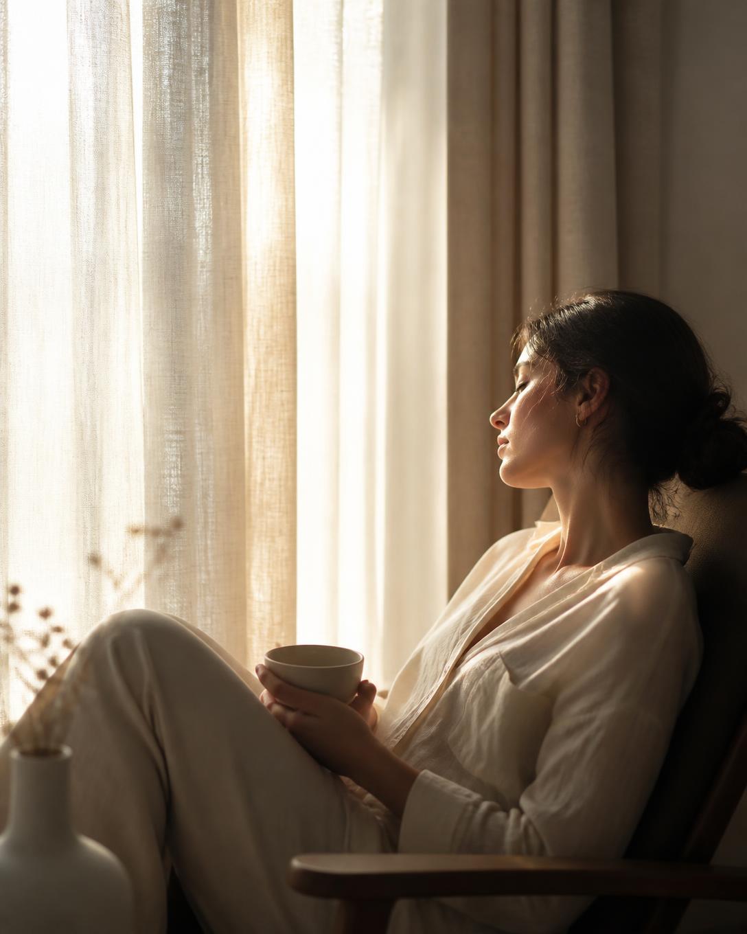 Mujer sentada junto a una ventana con luz cálida de la mañana, en calma